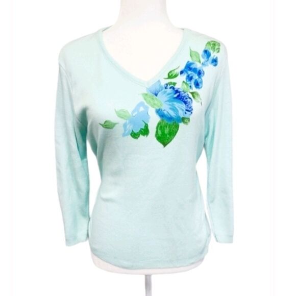 Gloria Vanderbilt Vintage Sweater Small Floral Lightweight Mint Green VTG - Picture 1 of 8